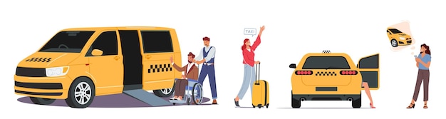 Definir pessoas pedindo motorista de conceito de serviço de transporte de táxi no táxi amarelo ajuda a passageiros com deficiência em cadeira de rodas