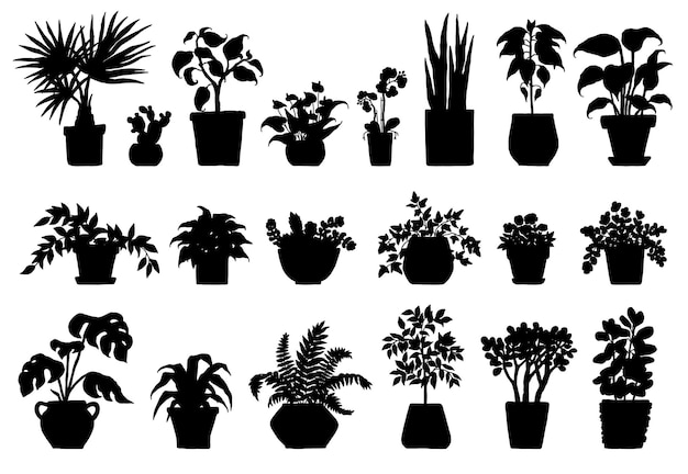 Definir planta de casa de silhueta. plantas de casa interior preto e branco na ilustração de doodle de contorno de vaso de flores.