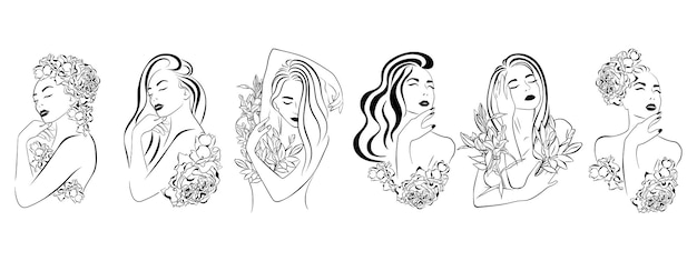 Definir retratos femininos de arte de linha com flores na cabeça. ilustração vetorial isolada.