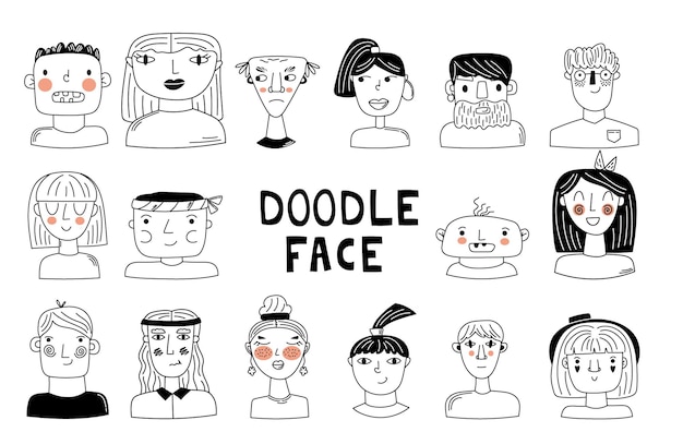 Definir rostos de doodle avatares de doodle em preto e branco ilustração de desenho de mão vetorial