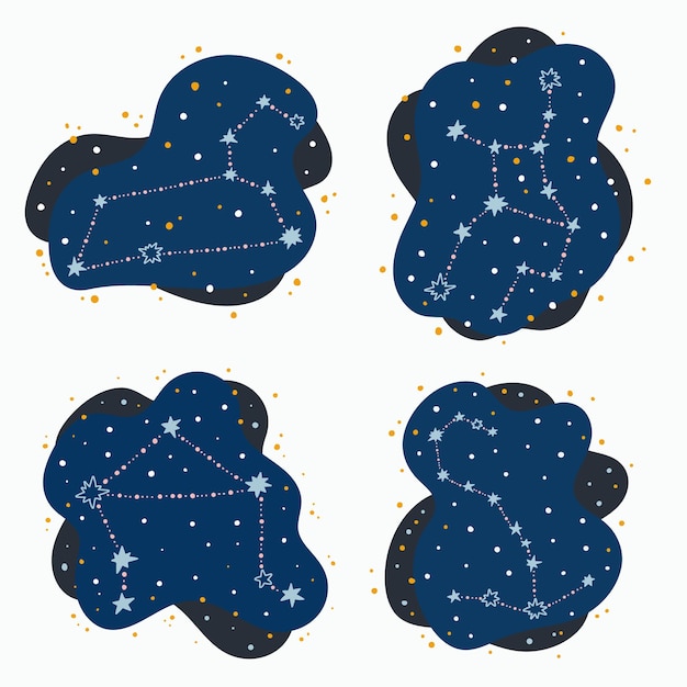 Vetor definir signos do zodíaco bonito constelação leo, virgem, libra, escorpião. doodles, estrelas desenhadas à mão e pontos no espaço abstrato. ilustração vetorial