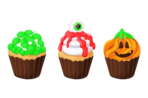 Definir sobremesa monstro cupcake halloween com rosto assustador, dentes, olhos no estilo de desenho animado