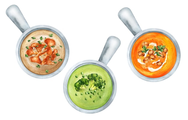 Definir sopas de legumes sazonais ilustração aquarela