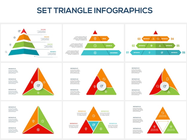 Vetor definir triângulo com modelo de infográfico de 3 4 6 elementos para ilustração vetorial de apresentações de negócios na web visualização de dados de negócios