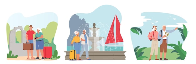 Definir viagem de turistas seniores no país estrangeiro velhos personagens pesquisando lugar com mapa a pé na cidade pensionistas ativos