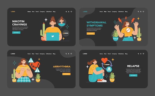 Vetor deixar de fumar em modo escuro ou noturno web landing set homem deixa de fumar enfrentando desafios de abstinência