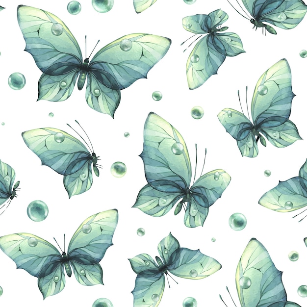 Delicadas borboletas turquesas e azuis com bolhas são arejadas, lindas, desenhadas à mão, ilustração em aquarela, padrão sem costura em um fundo branco para embalagens de papel de parede de tecidos têxteis