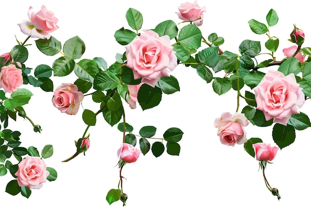 Delicadas rosas cor-de-rosa com folhas verdes desenho de ilustração vetorial isolado