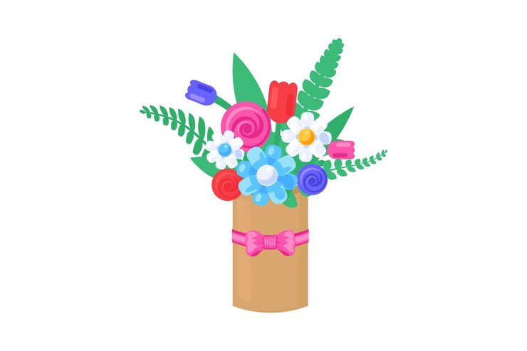 Vetor delicado bouquet de flores em caixa de presente em estilo de desenho animado sólido