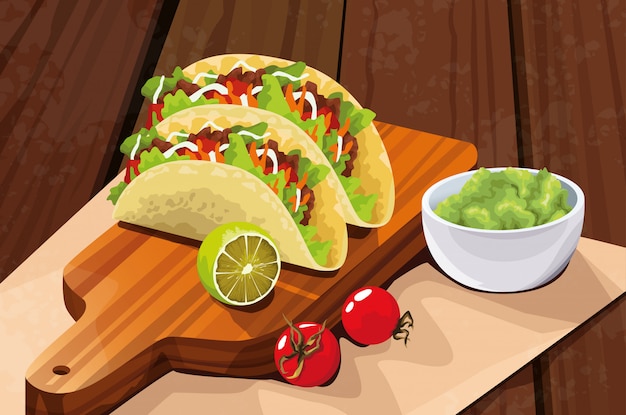 Vetor deliciosa comida mexicana com taco e abacate