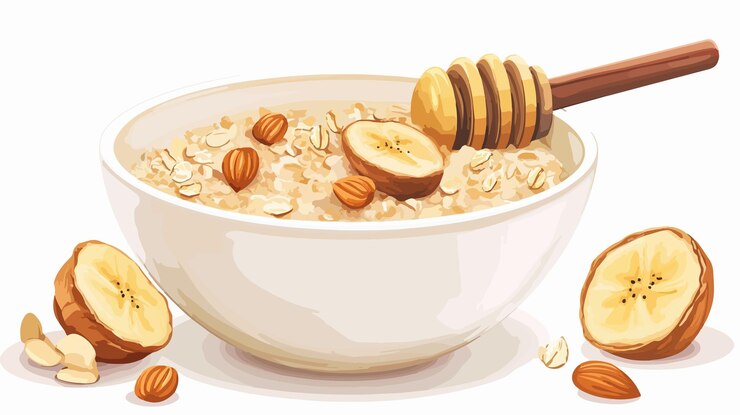 Vetor deliciosa farinha de aveia com nozes de banana e mel em uma tigela branca closeup