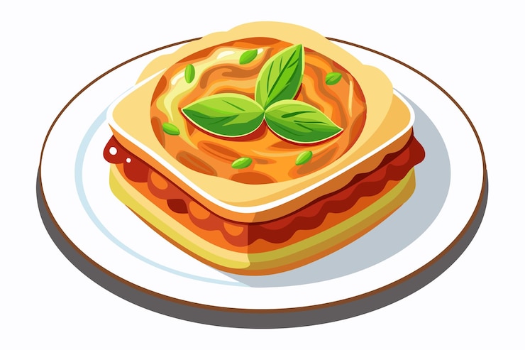 Vetor deliciosa lasanha quente adornada com folha de manjericão fresco em uma tigela branca