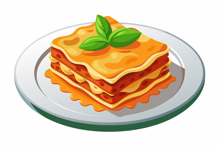 Vetor deliciosa lasanha quente adornada com folha de manjericão fresco em uma tigela branca