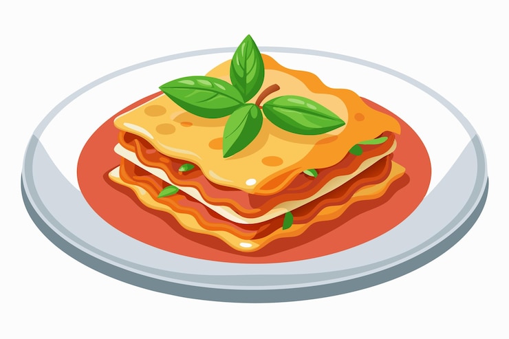 Vetor deliciosa lasanha quente adornada com folha de manjericão fresco em uma tigela branca