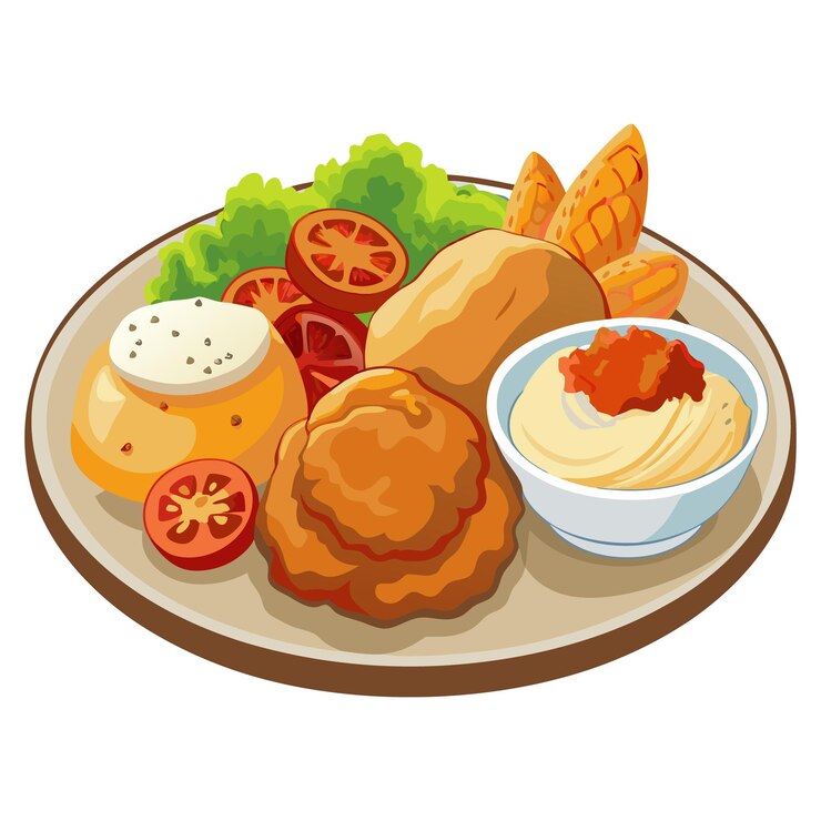 Vetor deliciosa refeição de frango frito com lados de puré de batatas, salada de repolho e rolos frescos