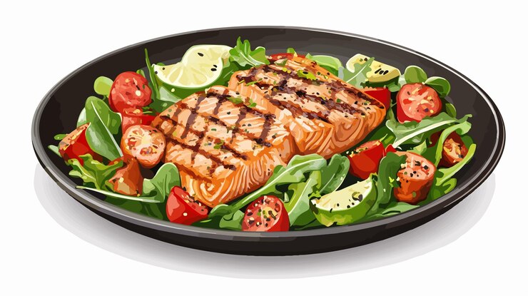 Vetor deliciosa salada de salmão grelhado revestida de frutos do mar com cores vibrantes