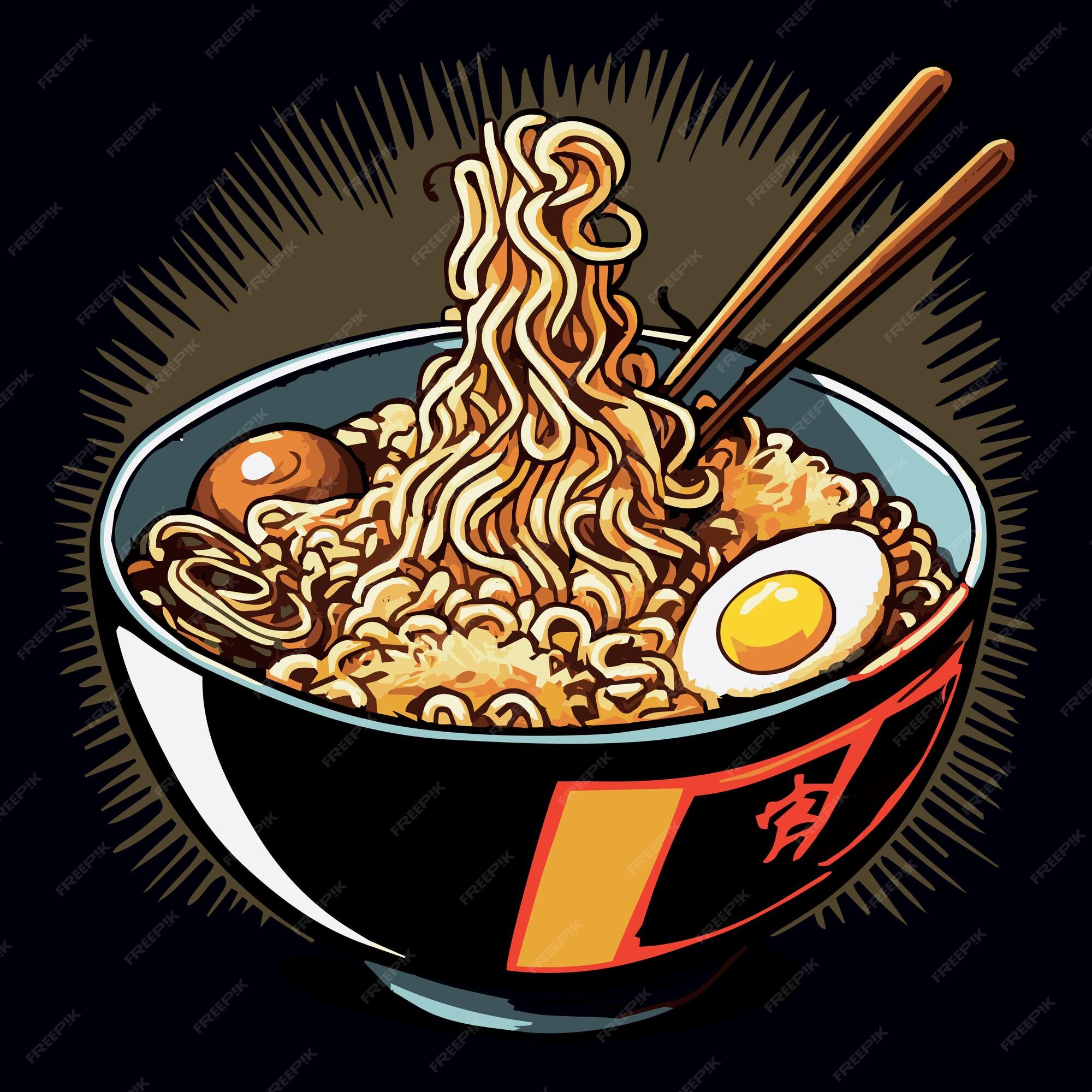 Ilustração vetorial de delicioso macarrão ramen japonês na tigela kanji  japonês significa ramen