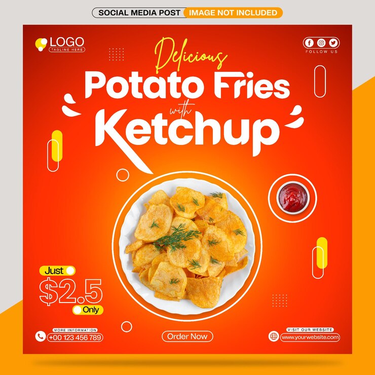 Vetor deliciosas batatas fritas com ketchup design de modelo de banner de postagem de mídia social