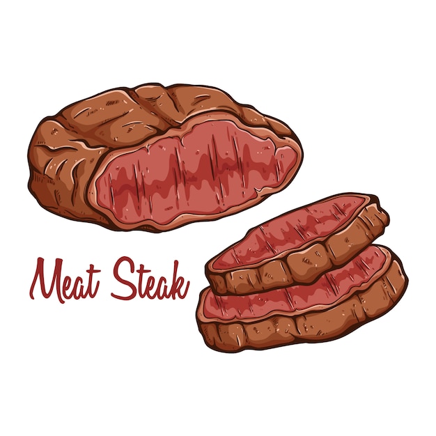 delicioso bife de carne grelhada com texto e mão colorido desenhado ou doodle arte