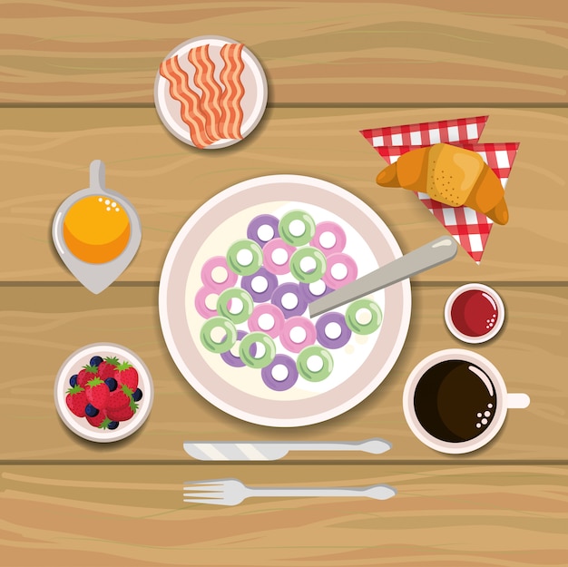 Delicioso cereal com bacon e suco de laranjas