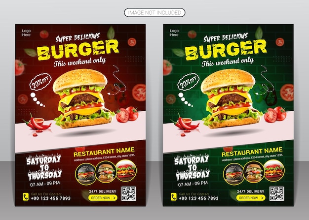 Vetor delicioso design de panfleto de hambúrguer de fast food e modelo de design de panfleto de menu de comida de restaurante