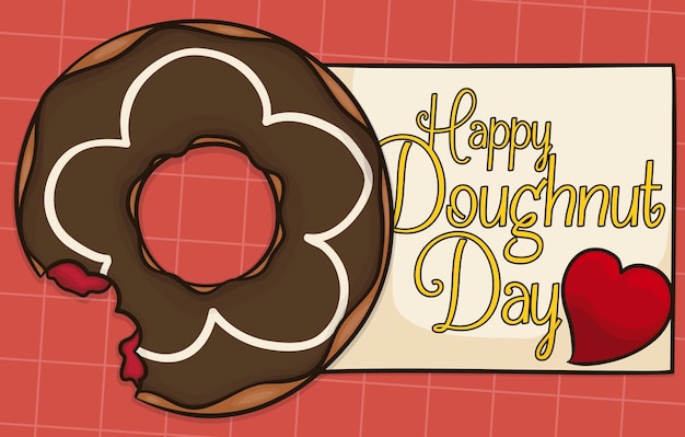 Delicioso donut de chocolate mordido e cartão para celebração do donut day sobre toalha de mesa quadrada