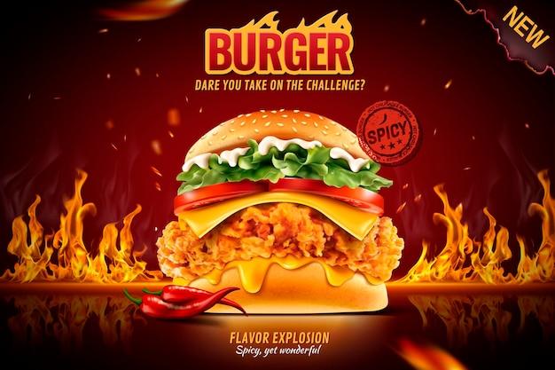 Delicioso hambúrguer de frango frito apimentado com fogo aceso