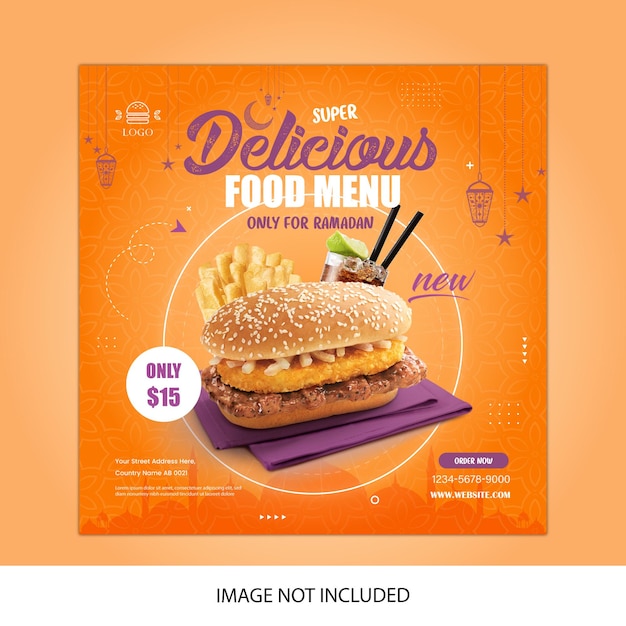 Delicioso hambúrguer e modelo de banner de mídia social de fast food