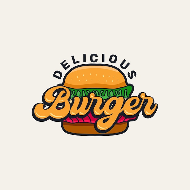 Vetor delicioso hambúrguer logotipo com ilustração vetorial de estilo de texto retrô