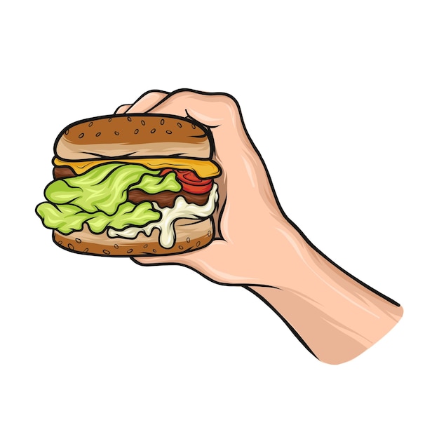 Vetor delicioso hambúrguer. mão segurando uma coleção de ilustração vetorial de hambúrguer