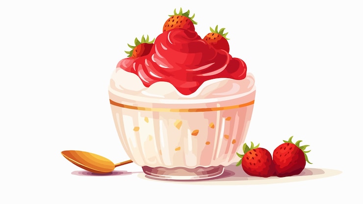 Vetor delicioso iogurte de leite coberto com geleia de morango fresco