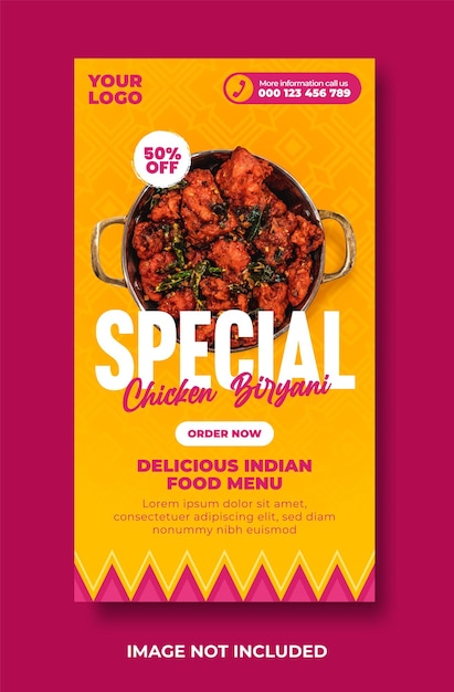 Delicioso menu de comida indiana e modelo de design de histórias de mídia social de frango biryani