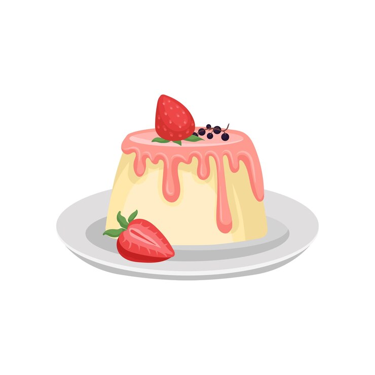 Vetor delicioso pudim com esmalte rosa e morango maduro no topo da cozinha britânica sobremesa tradicional inglesa vetor plano para menu de café