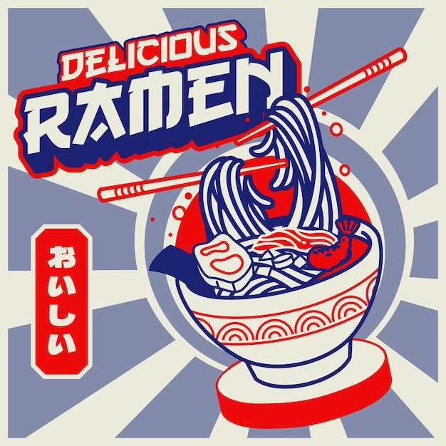 Delicioso ramen vintage poster design o roteiro japonês significa delicioso