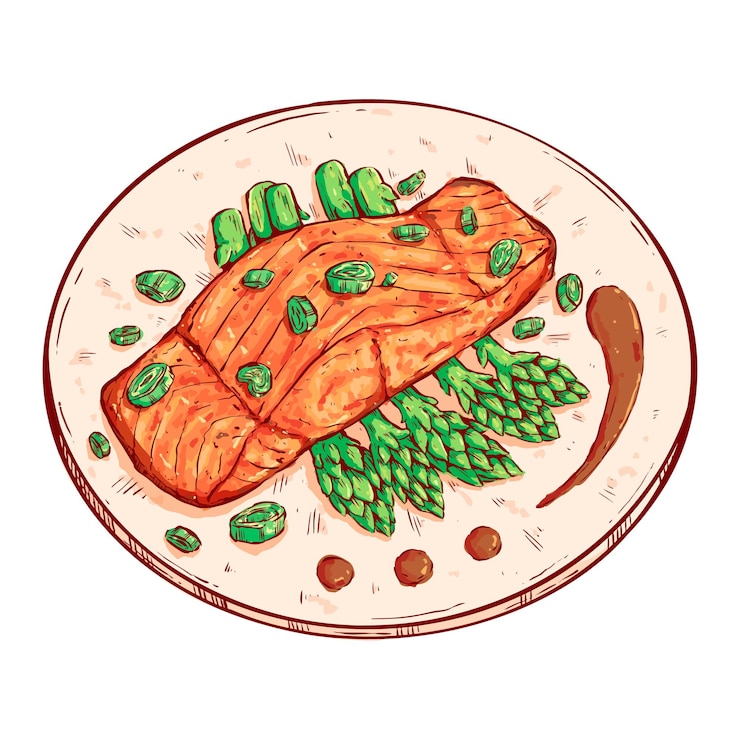 Vetor delicioso salmão com ilustração de espargos. desenho de mão de comida saborosa
