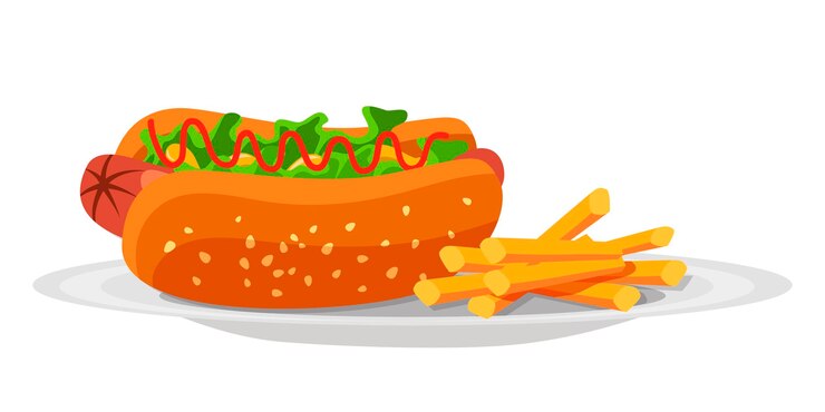 Vetor delicioso sanduíche de cachorro-quente com salsicha, salada de folhas, ketchup e batata frita no prato isolado