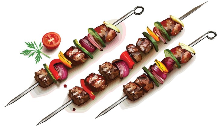 Vetor delicioso shish kebab em uma foice de metal isolado em fundo branco