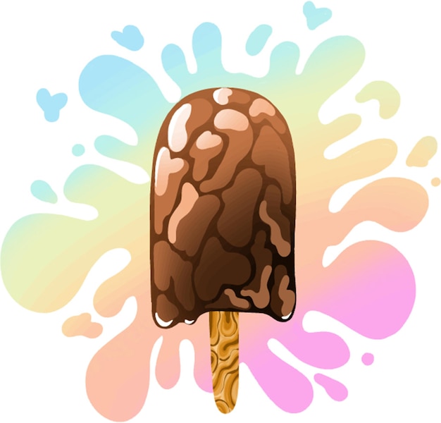 Delicioso sorvete cremoso de chocolate em uma vara contra o fundo de uma mancha multicolorida