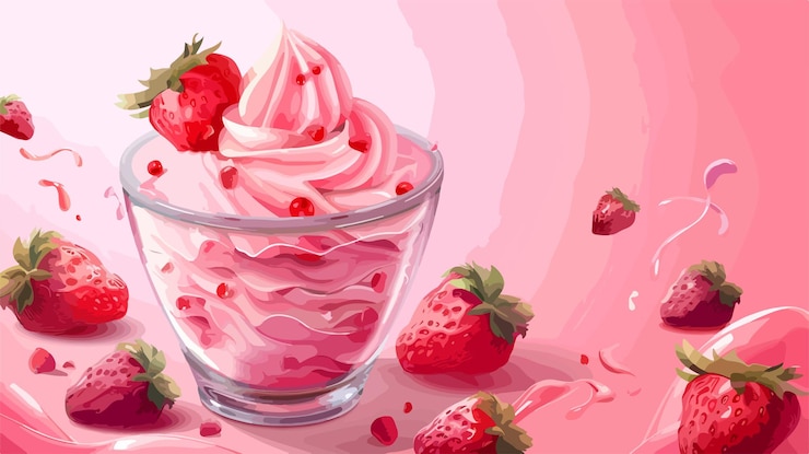 Vetor delicioso sorvete de morango em vidro com fundo colorido
