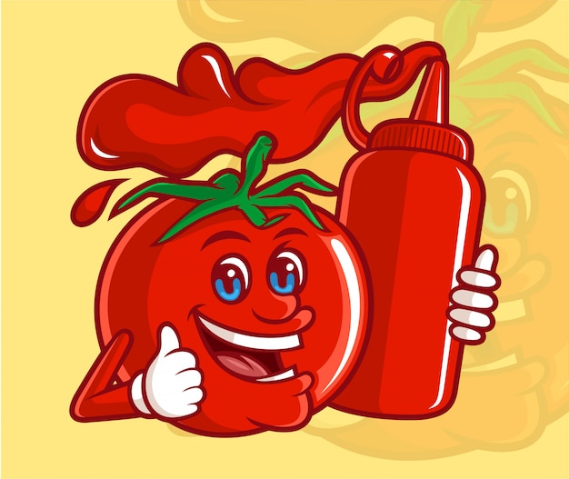 Delicioso tomate com um personagem de desenho animado segurando uma garrafa de molho de tomate