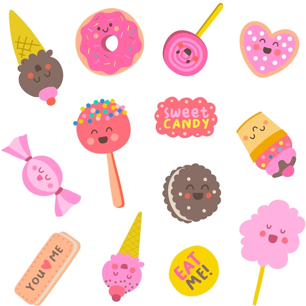 Vetor deliciosos desenhos animados coloridos confeitaria biscoitos doces muffins sorvetes algodão doce padrão