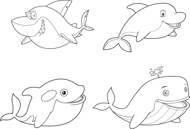 Delineado oceano ou animais marinhos personagens de desenhos animados poses diferentes. Conjunto de coleção de vetores desenhados à mão