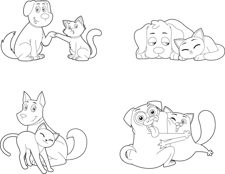 Vetor delineados personagens de desenhos animados de cães e gatos juntos conjunto de coleção de vetores desenhados à mão