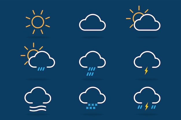 Vetor delinear o conjunto de ícones do tempo. ícones de previsão transparentes. delinear a coleção de pictograma do tempo. símbolo de nuvem, sol, chuva e vento