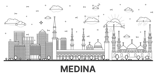 Delinear o horizonte da cidade de medina arábia saudita com edifícios modernos e históricos isolados no branco