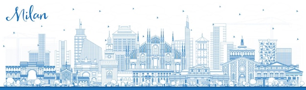 Delinear o horizonte da cidade de Milão Itália com edifícios azuis. Ilustração vetorial. Viagem de negócios e conceito com arquitetura histórica. Paisagem urbana de Milão com pontos turísticos.