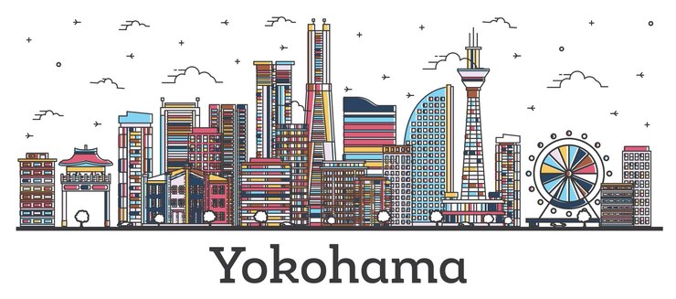 Vetor delinear o horizonte da cidade de yokohama japão com edifícios coloridos modernos isolados no branco