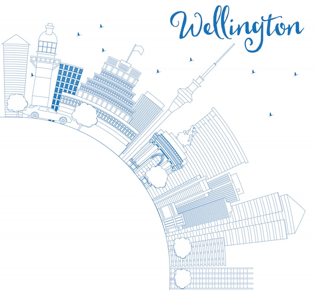 Delinear o horizonte de wellington com edifícios azuis e copie o espaço.