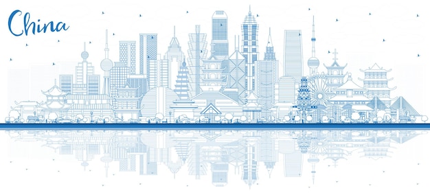 Vetor delineie o horizonte da cidade da china com edifícios e reflexos azuis