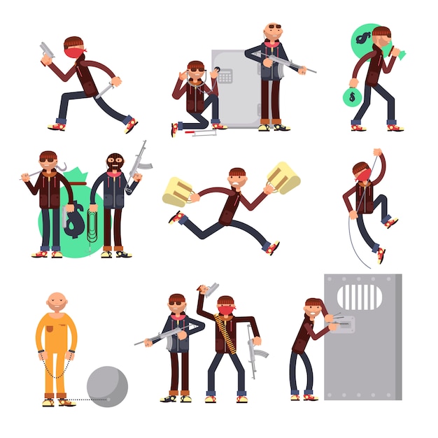 Vetor delinquente criminoso em diferentes ações vector set. personagens de desenhos animados de ladrão e ladrão